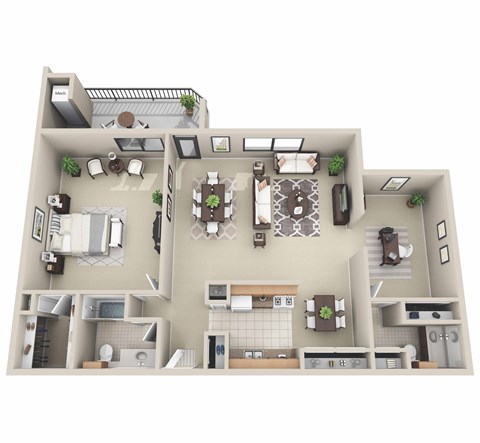 Floor plan for 1 bed, 1.5 baths